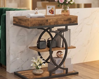 C Shaped End Table with Storage Shelves | Industrial Farmhouse Sofa Side Table | Rustic Wood Metal Ring Accent Table with Hidden Drawer