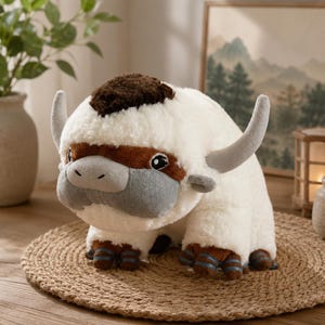 May include: A plush toy of a white, fluffy bison-like creature with brown and gray accents. It has large gray horns, a brown patch on its head, and blue and brown hooves. The toy is sitting on a round, woven mat.