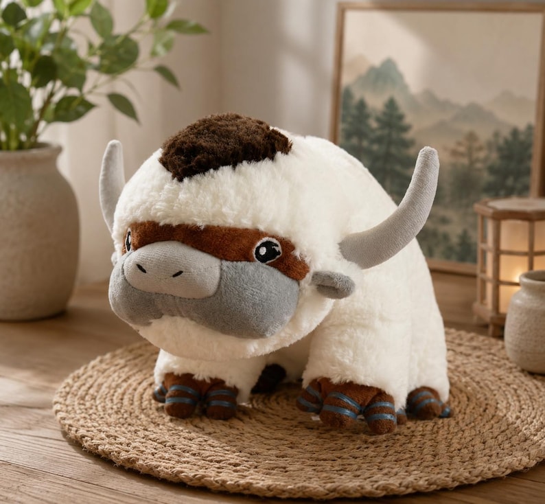 May include: A plush toy of a white, fluffy bison-like creature with brown and gray accents. It has large gray horns, a brown patch on its head, and blue and brown hooves. The toy is sitting on a round, woven mat.
