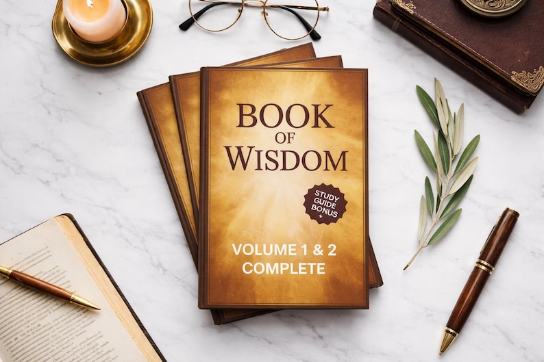 May include: Three books titled "Book of Wisdom" with "Volume 1 & 2 Complete" text. A lit candle in a gold holder, a pen, glasses, and a sprig of greenery are arranged on a marble surface.