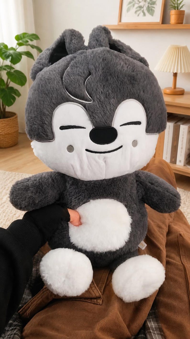 Puede incluir: Un peluche de lobo gris con detalles blancos y una cara sonriente. El peluche tiene una barriga blanca y patas blancas. El juguete est&aacute; siendo sostenido por una persona con una manga negra.