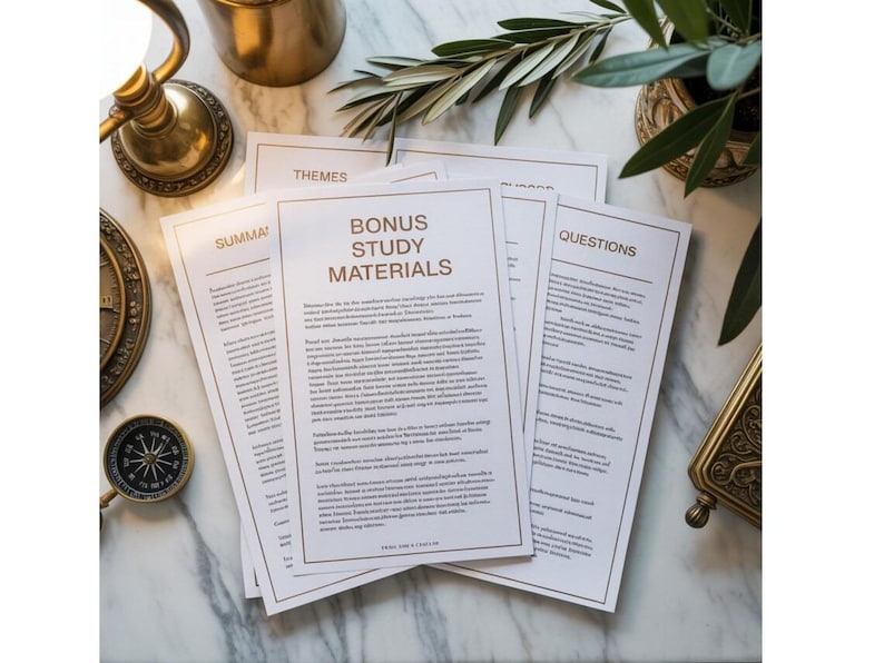 May include: Study materials with the text "BONUS STUDY MATERIALS" in gold. The papers are arranged on a marble surface, with a compass, a brass lamp, and a small plant in the background. The papers have gold borders and titles, with the word "QUESTIONS" visible.