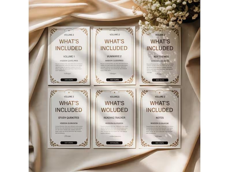 May include: Six rectangular cards with the text "WHAT'S INCLUDED" in a decorative frame. The cards are arranged on a beige fabric. The cards list various topics, including "VOLUME 1", "VUMMARE 2", "KEY THEMES", "STUDY QUENOTES", "READING TRACKER", and "NOTES".