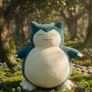 May include: A plush Snorlax toy in a forest setting. The large, round Pok&eacute;mon is primarily teal and cream-colored, with closed eyes and small arms. A wooden sign reading "Snorlax's Rest" is visible in the foreground.
