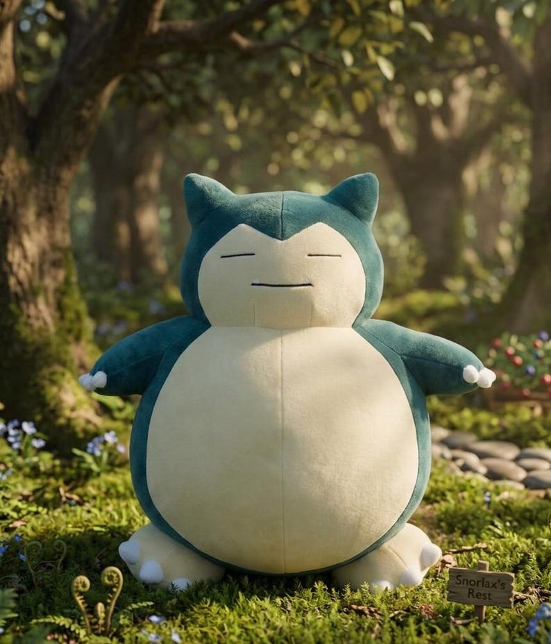 May include: A plush Snorlax toy in a forest setting. The large, round Pok&eacute;mon is primarily teal and cream-colored, with closed eyes and small arms. A wooden sign reading "Snorlax's Rest" is visible in the foreground.