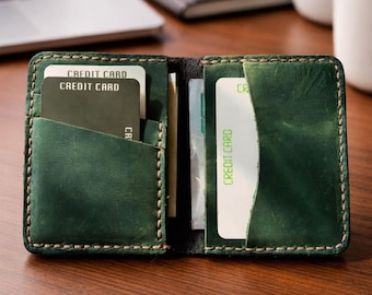 Vintage Crazy Horse Leather Card Holder Wallet – Slim Bifold Credit ID Case – Minimalist Business Wallet for Men & Women – Customizable Gift
