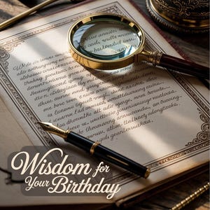 May include: A vintage scene featuring an open book with handwritten text, a gold-framed magnifying glass, and a black fountain pen. The text "Wisdom for Your Birthday" is displayed in a decorative font. The image has a classic, antique feel.