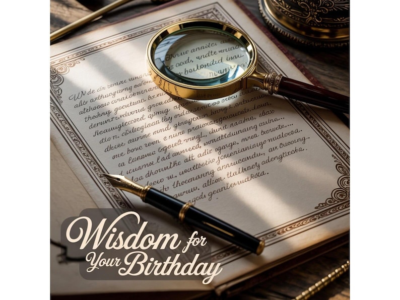 May include: A vintage scene featuring an open book with handwritten text, a gold-framed magnifying glass, and a black fountain pen. The text "Wisdom for Your Birthday" is displayed in a decorative font. The image has a classic, antique feel.