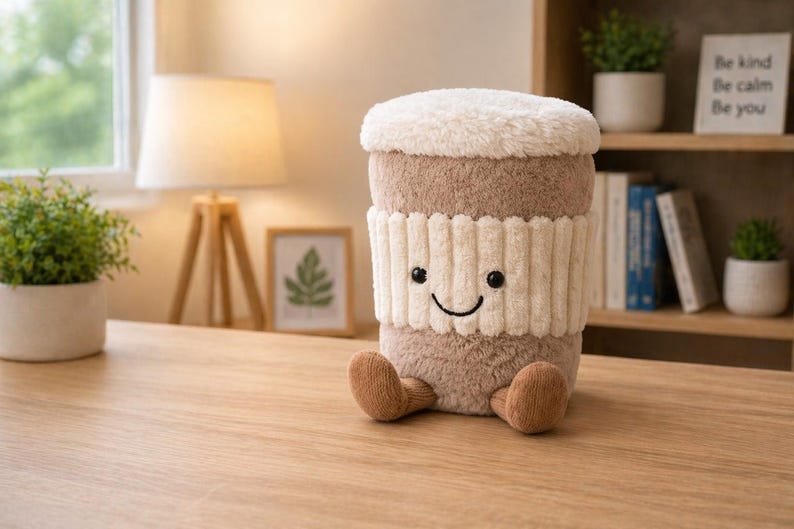 May include: A soft toy coffee cup with a smiling face, a brown body, a white ribbed sleeve, and a fluffy white top. The toy has small brown feet and is on a wooden surface. The background includes a lamp, plants, and a bookshelf.