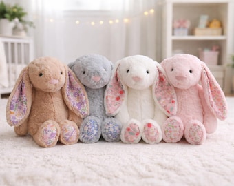 Cute Floral Bunny Plush – Soft Stuffed Rabbit Toy, Pastel Kawaii Decor, Baby Shower Gift
