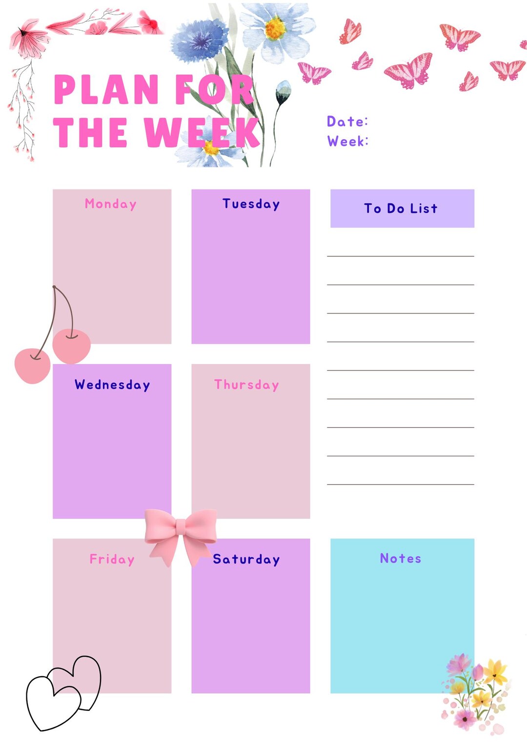 Weekly Planner for Download and Printing. Flowers/pink. Plan for the ...