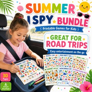 May include: A Summer I Spy bundle of printable games for kids featuring 30 pages with themes like beach, pool party, picnic, camping, ocean animals, and tropical vacation. The colorful sheets include various icons to find and count.