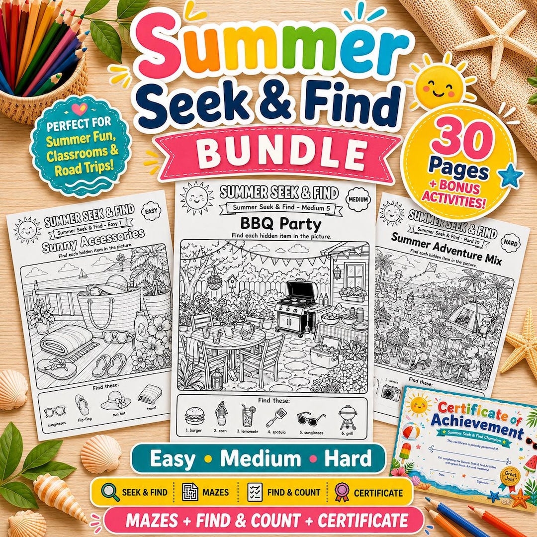 30 Summer Seek and Find Printable Bundle, I Spy Activity Pages for Kids ...