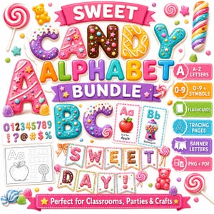 Sweet Candy Alphabet Bundle, Printable Candy Letters A-Z, ABC Flashcards, Tracing Worksheets, Birthday Banner Letters, Numbers Symbols PNG