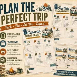 May include: A seven-page printable caravan packing and trip checklist bundle featuring vintage-style illustrations of campers, mountains, and campfires. The documents include categorized lists for clothing, toiletries, bedding, kitchen essentials, and safety.