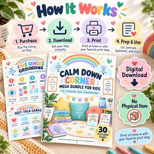 Puede incluir: Un gráfico de instrucciones de descarga digital para un paquete Calm Down Corner para niños. Incluye una sección How It Works con cuatro pasos, una tabla Five Senses Grounding, tarjetas Positive Self-Talk y etiquetas de archivos.