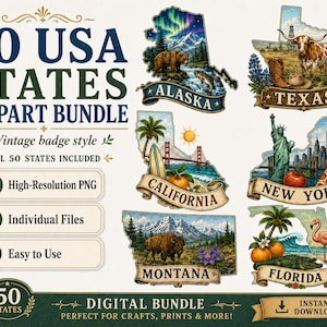 USA States Clipart Bundle, 50 States Cultural Map PNG, Printable State Map Bundle, USA Travel Clipart, State Map Stickers, Instant Download