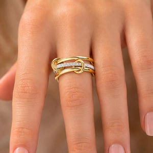 Sammanflätad ring i guld och silver, diamantaccent, moderna statement-smycken