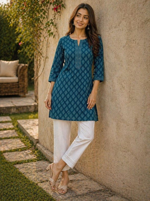 Blue Pure Cotton Printed Straight Kurti for Women, Short Kurta Dress, Indian Tunic Top, Summer Casual Kurta, Ethnic Printed Kurti , Blouses