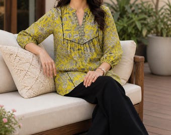 Kurti de algodón verde lima con estampado floral para mujer, tallas XS-XXL / Kurta estampada de corte A con cuello mandarín y mangas abullonadas / Blusa túnica étnica de verano