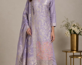 Completo Kurta in seta color lavanda con dupatta per donna, abito indiano floreale, perfetto per invitate a un matrimonio, completo etnico festivo Kurta e pantaloni, taglie forti XS–3XL