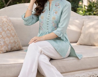 Kurti azul bordado de corte A para mujer – Túnica de algodón de verano – Vestido kurta corto – Túnica étnica de talla grande – Camisetas de verano