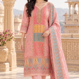 Peach Linen Plus Size Kurta Trouser Set - XXL to 6XL Embroidered Kurta Trouser With Dupatta - Indian Festive and Wedding Outfits For Women