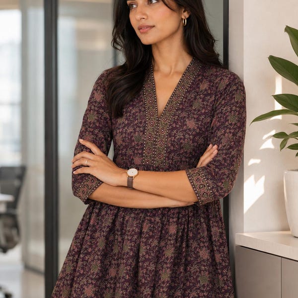 Kurta péplum en pur coton bordeaux à imprimé floral pour femme | Tunique indienne à col V | Style bohème | Tenue décontractée pour le bureau | Tailles XS à XXL