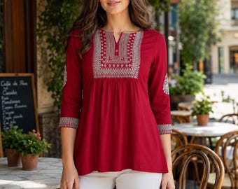 Top estivi da donna - Kurti corto ricamato color bordeaux da donna - Tuniche indiane - Kurti da donna - Top etnico indiano - Kurta da donna