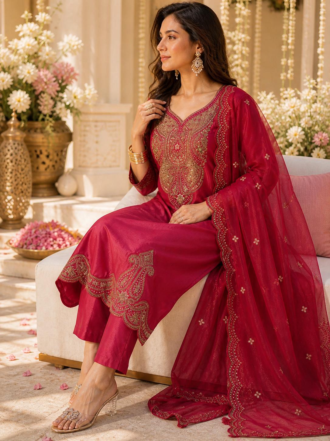 Red Embroidered Dupatta - Etsy