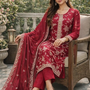 Maroon Silk Embroidered Kurta Set for Women with Dupatta & Trousers | Indian Wedding Party Wear | Ethnic Salwar Kameez