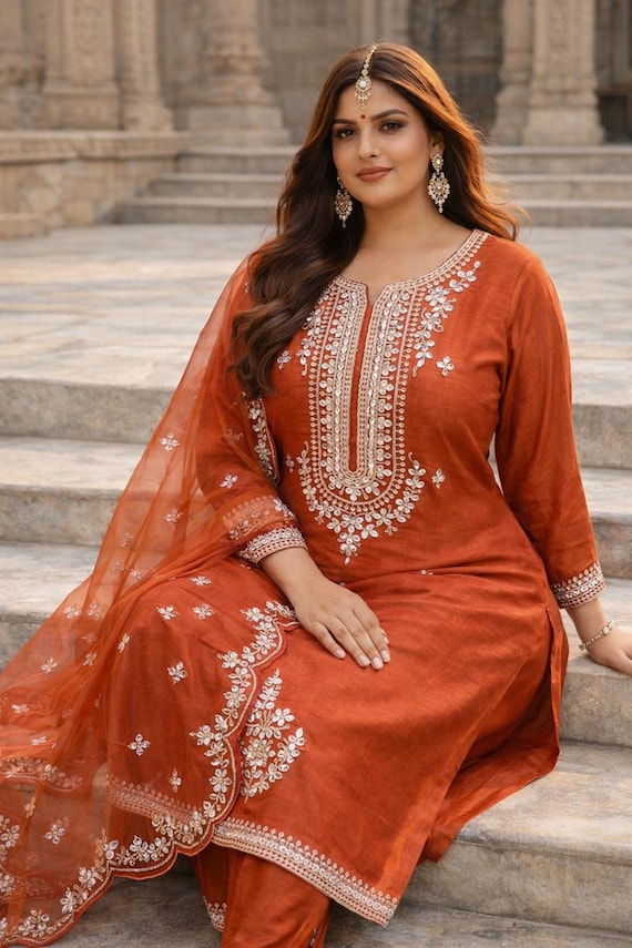Plus Size Indian Kurta Set XXL-6XL | Copper Embroidered Kurta Pants Dupatta Set | Festive Ethnic Outfit | Eid Diwali Wedding Wear
