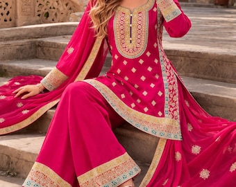 Pink Embroidered Kurta Palazzo Set with Dupatta for Women | Indian Wedding Guest Outfit | Chinon Ethnic Suit | Mehendi Haldi Festive Wear