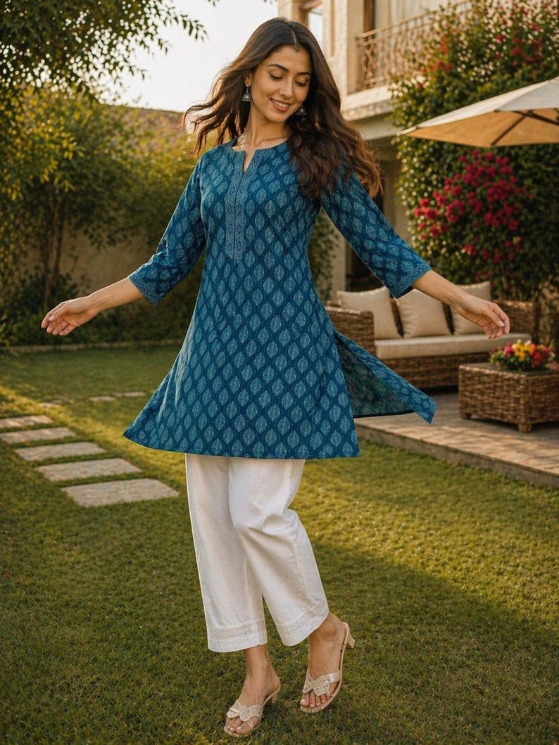 May include: A teal tunic with a leaf pattern and white pants. The tunic has three-quarter sleeves and a decorative neckline. The white pants are cropped and have a subtle embroidered hem. The outfit is worn with gold sandals.