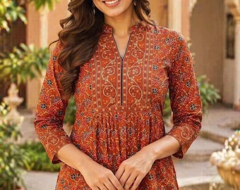 Rust Floral Cotton Kurti for Women, Mandarin Collar Tunic Top, Boho Ethnic Indian Kurta, Summer Casual Wear, Festive Office Top XS-XXL