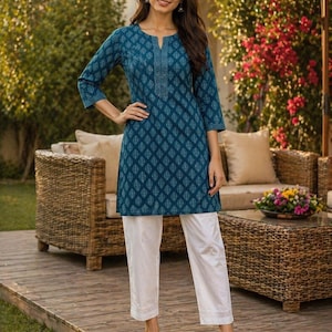 May include: A teal tunic and white pants set. The tunic features a diamond pattern and a decorative neckline. The three-quarter sleeve tunic is paired with white, cropped pants. The outfit is worn outdoors.