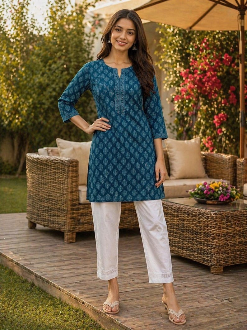 May include: A teal tunic and white pants set. The tunic features a diamond pattern and a decorative neckline. The three-quarter sleeve tunic is paired with white, cropped pants. The outfit is worn outdoors.
