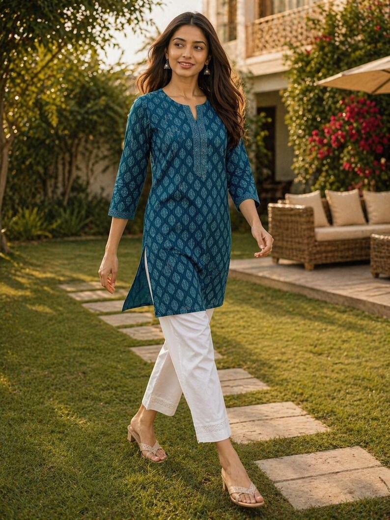 May include: A teal tunic with a leaf pattern and white pants. The tunic has a split neckline and three-quarter sleeves. The white pants are cropped at the ankle. The outfit is worn with sandals.