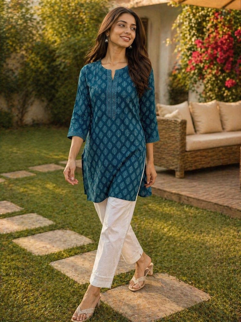 May include: A woman wearing a teal tunic with a white leaf pattern and white pants. The tunic has a split neckline and three-quarter sleeves. The pants are ankle-length. She is wearing sandals and walking on stone pavers in a garden.