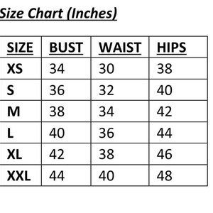 May include: A size chart in a table format, with measurements in inches. The chart includes sizes XS to XXL, with corresponding bust, waist, and hip measurements. The text "Size Chart (Inches)" is at the top.