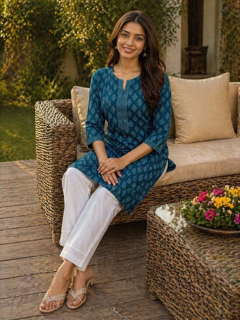 May include: A woman wearing a teal kurta with a leaf pattern and white pants. The kurta has a split neckline and three-quarter sleeves. The pants have a lace trim at the hem. She is sitting on a wicker sofa.