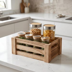 Può includere: Una cassa di legno con barattoli di vetro contenenti erbe secche, pasta e cereali. I barattoli hanno coperchi in bambù. La cassa è su un piano di lavoro bianco, ideale per la cucina.