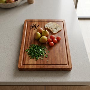 Puede incluir: Una tabla de cortar rectangular de madera con borde rebajado. Contiene peras, tomates cherry, hierbas picadas, granos de pimienta y pan en rodajas. La madera tiene un tono marrón rojizo cálido.