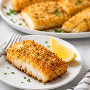 May include: A plate with a breaded fish fillet, garnished with parsley and a lemon wedge. Additional breaded fish fillets are on a white plate in the background. A fork is on the plate with the fish. The food is on a white surface.