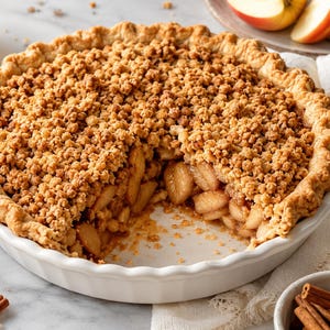 Könnte beinhalten: Ein runder Apfel-Crumble-Kuchen in einer weißen, geriffelten Keramikform mit goldbraunen Streuseln und einer Füllung aus Apfelscheiben. Ein Stück wurde entnommen, wodurch das Innere aus gekochten Früchten und der knusprige Teigrand sichtbar sind.