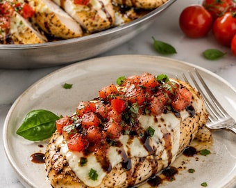 Recept voor bruschetta-kipkoekenpan | Eenvoudig Italiaans Mozzarella-diner (afdrukbare pdf)