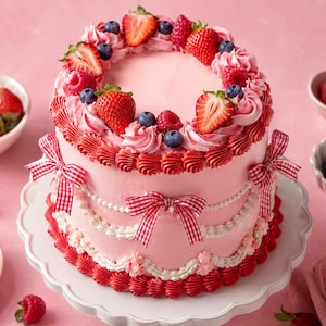 Puede incluir: Un pastel redondo con glaseado rosa, decorado con bordes de crema roja y rosa, guirnaldas blancas y lazos de cinta de cuadros rojos y blancos. La parte superior está adornada con fresas, frambuesas y arándanos frescos.