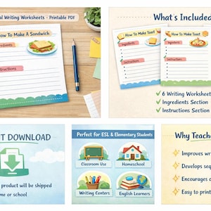 May include: Printable PDF writing worksheets for procedural writing. The worksheets include instructions and ingredients sections. The image shows examples for making a sandwich, toast, and pizza. The worksheets are designed for ESL and elementary students.