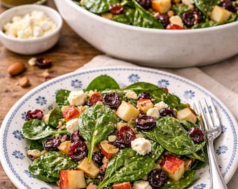 Receta de ensalada de espinacas con manzana y queso feta / Aderezo ácido de arándanos y almendras (Descarga en PDF)