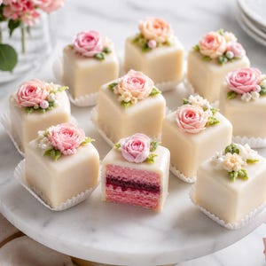 May include: A collection of square petit fours covered in smooth white icing, each topped with a delicate piped buttercream rose in shades of pink and cream. One cake is sliced to reveal layers of pink sponge cake and dark red fruit filling.